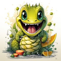 Fototapeta premium Cheerful Blue Dinosaur Surrounded by Vibrant Fruits By Generated AI