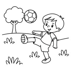 Cute Boy Kicking a Soccer Ball in a Park - Coloring Page