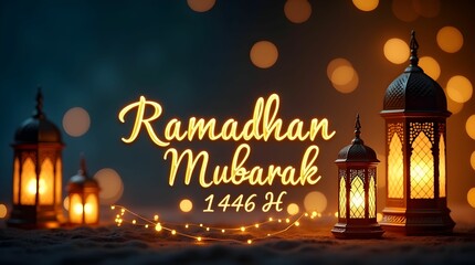 Fototapeta premium Decorative Ramadhan Greeting with Lanterns and Sparkles