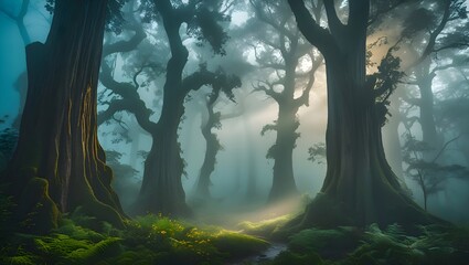 Obraz premium A foggy forest with rays of sunlight breaking through tall ancient trees