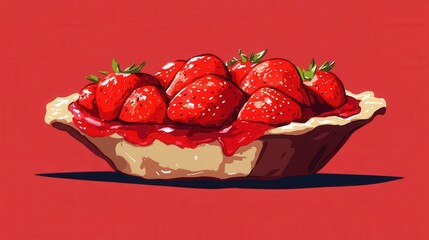 Delicious strawberry pie on a vibrant red background, showcasing fresh strawberries and glaze