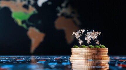 Economic Growth Representation with Overlapping World Map and Stacks of Coins in a Realistic Space