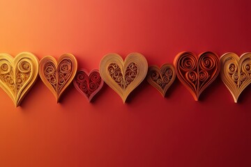 A line of intricate paper hearts in varied sizes and colors, showcased against a smooth ombre gradient that transitions from red to gold.