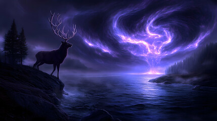 Fototapeta premium hanging deer on shoulders of Bigfoot on snowy night