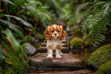 Obraz premium Adorable Cavalier King Charles Spaniel Puppy on Mossy Rocks near a Creek in a Lush Green Garden