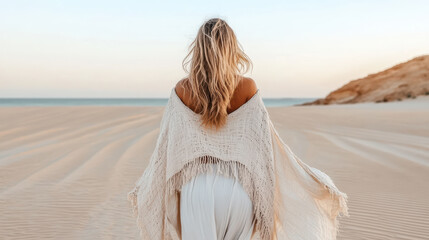 Obraz premium woman in bohemian dress walks on sandy beach at sunset