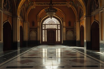 Obraz premium An ornate chandelier hangs from the ceiling of an ancient Indian palace, casting light on intricate designs and patterns that line its walls. The grand entrance is visible through one side wall, 
