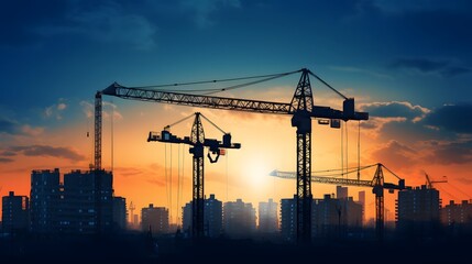 Towering skyscraper under construction with silhouetted cranes against a dramatic urban skyline representing progress development and the growth of a modern metropolis