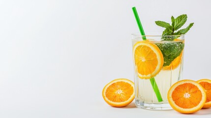 Fototapeta premium Refreshing lemonade with mint and orange white background drink