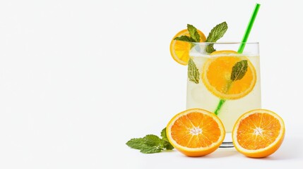 Fototapeta premium Refreshing lemonade with mint and orange slices white background