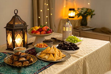 Naklejka premium Beautifully Decorated Iftar Table with Traditional Dishes and Glowing Lanterns