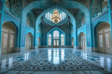 Obraz premium An ornate chandelier hangs from the ceiling of an ancient Indian palace, casting light on intricate designs and patterns that line its walls. The grand entrance is visible through one side wall, 