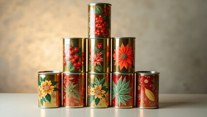 Fototapeta premium Stacked decorative cans with floral or festive patterns. Vibrant designs, metallic shine, and warm lighting create a joyful, seasonal display perfect for Canned Food Month.