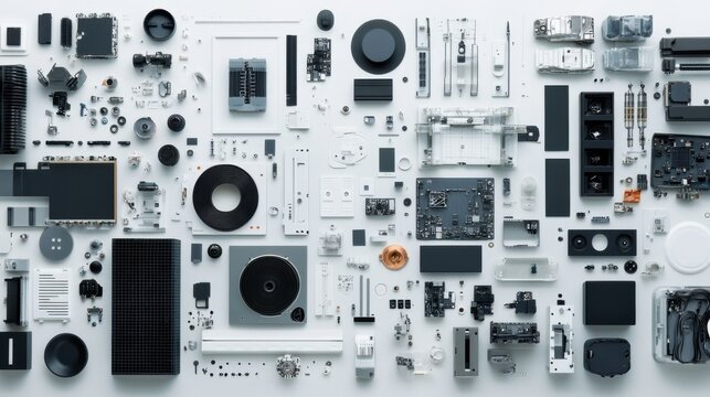 Aerial view of assorted electronic components arranged neatly on a white background, showcasing technology