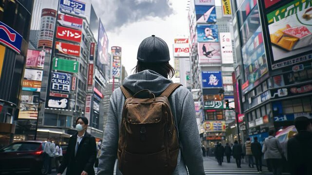 A young woman wearing gray hoodie and cap with brown backpack is walking in the middle of tokyo street, back view, cloudy weather, city buildings around her, 