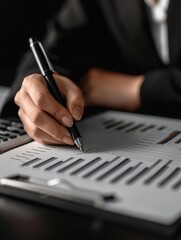 Business professional analyzing financial data with a pen.