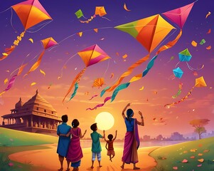 Fototapeta premium a family flying colorful kites with traditional Indian sweets in the foreground.