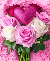 A stunning bouquet of red roses adorned with a delicate heart, capturing the essence of love and romance this Valentine's Day.