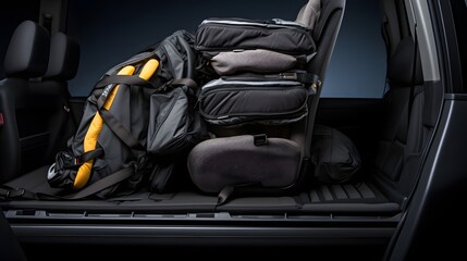 Obraz premium Folded third row car seat in an SUV or crossover provides added trunk and cargo space for travel camping hauling and other active lifestyle needs