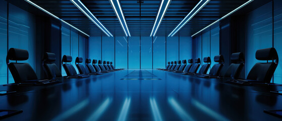 Obraz premium Futuristic conference room with blue lighting and sleek seating.