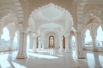 Fototapeta premium Beautiful mosque interior design, with large windows and a glass ceiling featuring a hanging chandelier, ornate architecture and arches, white walls, a blue and light color theme, and a carpeted floor