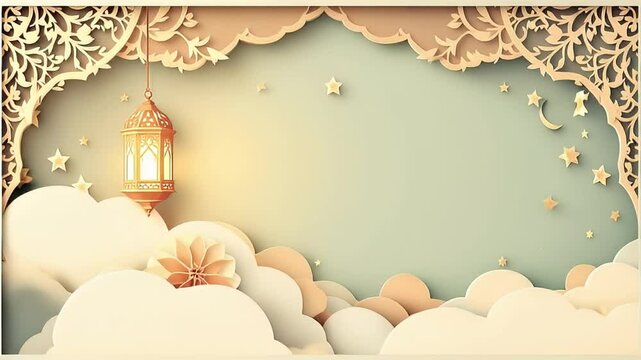 Illuminated Ramadan Lantern Hanging Amidst Paper Cut Clouds and Stars