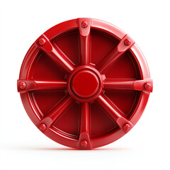 Obraz premium Close-up of a red industrial valve wheel, symbolizing control and precision in manufacturing and engineering processes.