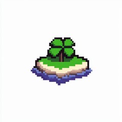 Obraz premium Pixel Island With Four Leaf Clover Tree In The Middle Surrounded By Blue Water Pixel Art Scene