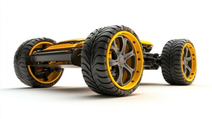 A close-up view of a sleek, modern vehicle chassis showcasing vibrant yellow wheels against a white backdrop