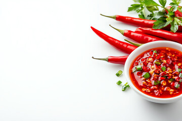Fresh red chilies and spicy sauce in a bowl create a vibrant and appetizing culinary scene.
