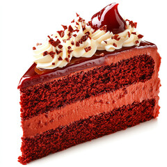 Indulge in a moist slice of red velvet cake, topped with cream cheese frosting and garnished with chocolate shavings.