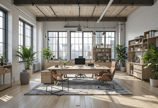 A room with a plant and a chair with the word m on it