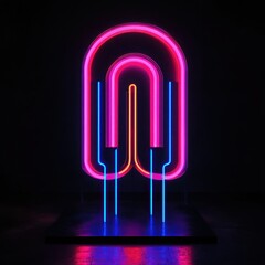 Fototapeta premium Neon Arc: A mesmerizing abstract neon sign composed of overlapping vibrant pink, orange, and blue arches, standing boldly against a black backdrop, creating a captivating visual illusion. 