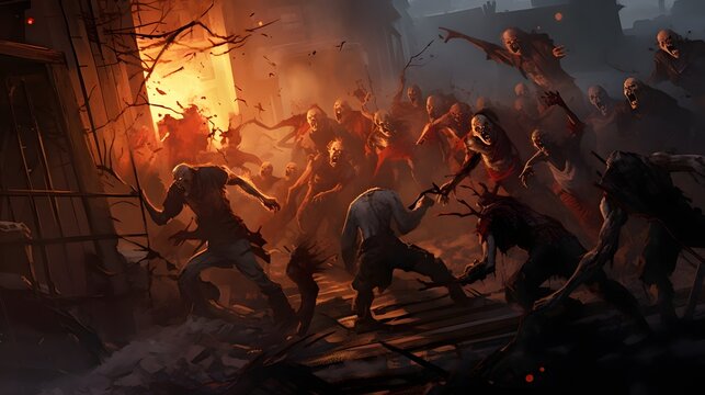 Desperate Zombie Siege on Makeshift Survivor s Barricade in the Darkness   Apocalyptic Scene of Horror and Survival Struggle Against Undead Attackers