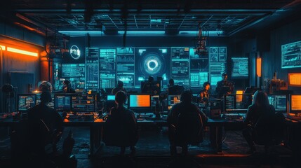 A high-tech control room with three individuals working at computer stations with multiple monitors displaying complex data