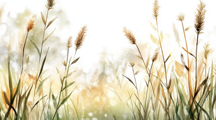 Obraz premium Soft watercolor illustration of meadow grass with delicate green and golden blades blending into bright, dreamy background. scene evokes serene and peaceful atmosphere