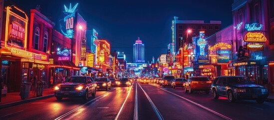 Neon Nightscape: Vibrant Broadway Street in Nashville, Tennessee