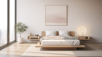A minimalist bedroom featuring a wooden bed and simple decor, with a white wall and soft natural light, creating an elegant and serene atmosphere. 