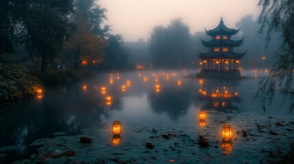 Obraz premium Serene Foggy Lake Temple Lanterns Scenic View