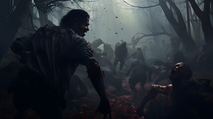 Survivor Aiming Crossbow at Approaching Zombie in Ominous Forest Landscape   Apocalyptic Scene of Danger and Confrontation in a Dystopian Post Apocalyptic Setting