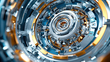Futuristic technology design with metallic gears and circular patterns, showcasing intricate details and vibrant colors