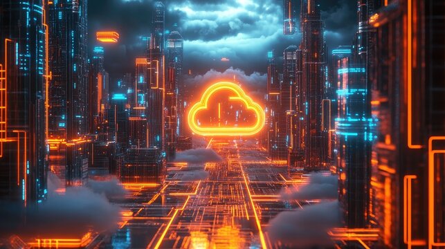 A digital illustration featuring a neon-lit cityscape with glowing lines forming a grid pattern.