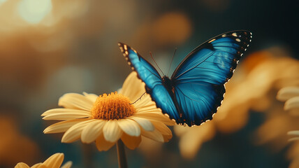 Close-up of a striking blue butterfly resting on a bright yellow daisy, the sunlight illuminating its delicate wings. Ai generated