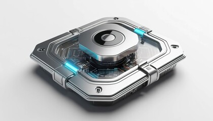 Futuristic, metallic, square technological device with visible circuit board and a central component, illuminated with turquoise accents on a white background.