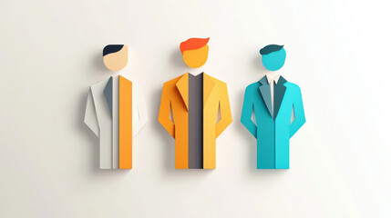 Minimalistic illustration of three abstract figures in colorful suits, featuring flat design and vibrant tones, symbolizing diversity and teamwork