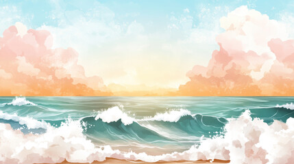 serene ocean scene with layered waves gently crashing onto shore, under vibrant sky with soft pink and orange clouds blending into golden horizon