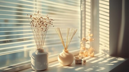 Fototapeta premium A sunlit windowsill featuring a glass reed diffuser with several sticks