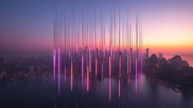 Cityscape at sunset with light trails, aerial view, data flow - Powered by Adobe