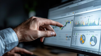 Hand engaging with virtual dashboard displaying data analytics, graphs, and charts, showcasing business performance and insights