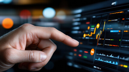 hand engaging with virtual dashboard displaying financial data and analytics, showcasing trends and metrics